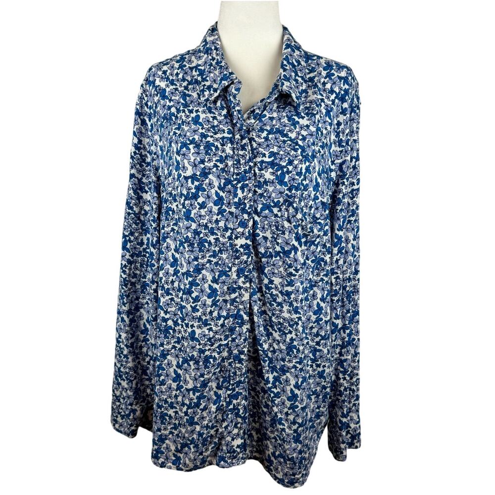 Cooper & Ella Womens Blue Floral Button‎ Up Shirt Sz 1X | Classic Casual Office